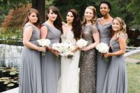 elegant grey maxi gowns with wide straps and draped bodices and a silver sequin maxi gown with short sleeves and a high neckline