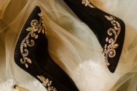 gorgeous black velvet heels with gold embellishments and embroidery