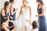 gorgeous navy and silver sequin bridesmaid slip dresses with spaghetti straps