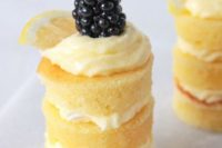 lemon chiffon mini cake with icing, a lemon slice and a fresh blackberry looks gorgeous and delicious