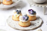 lemon curd, blueberry and almond teacakes are fresh and delicious, topped with edible blooms