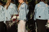 light blue distressed, hand painted and embroidered jackets for all the girls will add a relaxed touch to the looks