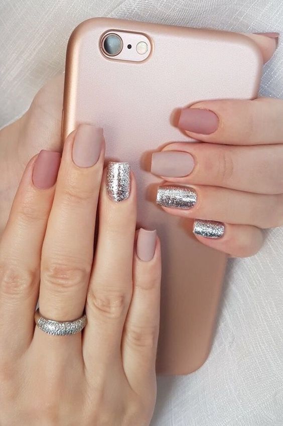 matte mauve, blush nails with touches of silver glitter for a refined, chic and girlish look