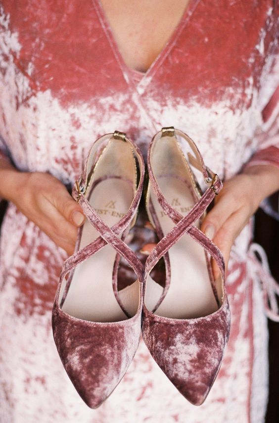 mauve velvet strappy shoes for a slight muted touch of color to the bridal look