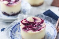 mini blueberry swirl cheesecakes are chic, delicious and catchy-looking, they will fit any wedding