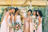 mismatching blush maxi gowns and a copper sequin maxi dress for the maid of honor
