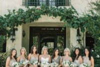 neutral full embellished bridesmaid dresses with spaghetti straps and a neutral dress with black embellishments and cap sleeves