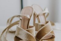 nude velvet criss cross wedding shoes with lacing are a cool and bold idea for a wedding