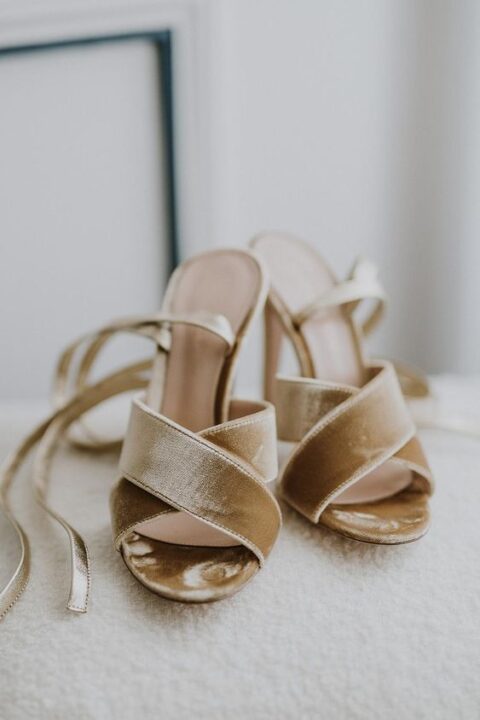 nude velvet criss cross wedding shoes with lacing are a cool and bold idea for a wedding