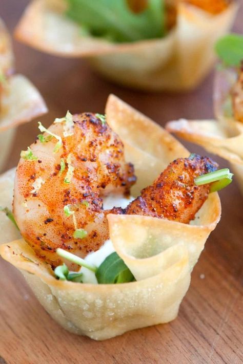 pastry cups with cream cheese, greenery and grilled shrimps are sumptuous appetizers, hearty but not too much
