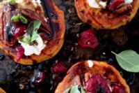 roasted sweet potato rounds are loaded with vegan goat cheese, cranberries and balsamic glaze are delicious vegan appetizers for fall and winter