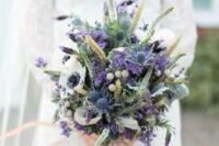 wheat, purple lavender, white anemones, blue thistles and various greenery for a colorful statement