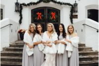 white faux fur shawls add chic to the snowy bridesmaid looks, make the outfits more chic and stylish