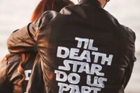 a black leather jacket with a Star Wars quote is a lovely idea for a Star Wars couple
