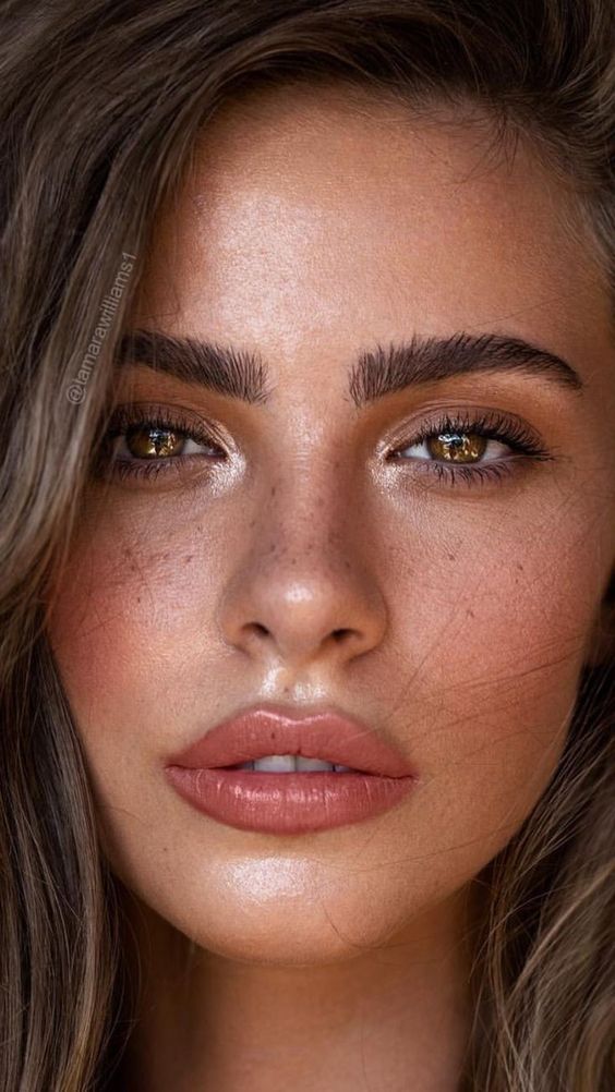 a chic and shiny natural makeup with a shiny touch, a glossy nude lip, a bit of highlighter and brown eyeshadows plus accents on the eyes