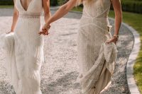 a sheath boho wedding dress with a deep neckline and beading and fringe plus a tan boho lace wedding dress with short sleeves and a high neckline