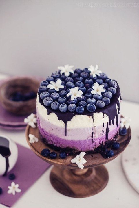 an ombre blueberry cheesecake with mascarpone and biscuits, with a cocoa baked bottom layer and fresh blooms and berries on top