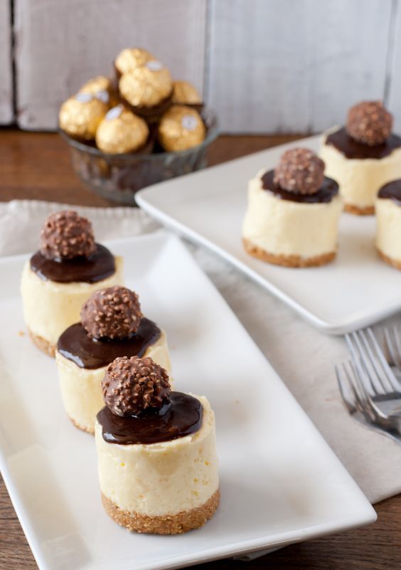 bite-size cheesecakes with chocolate and Ferrero Rocher on top is a delicious and refreshing combo