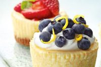 bite-size cheesecakes with fresh berries and lemon zest is a cool alternative to a large cake