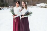 bold looks with white crop tops and long sleeves and high necklines plus jewel tone maxi skirts with trains for a winter wedding