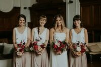 chic and playful bridesmaid looks with white plain tank tops and blush wrap high low maxi skirts plus silver shoes are amazing