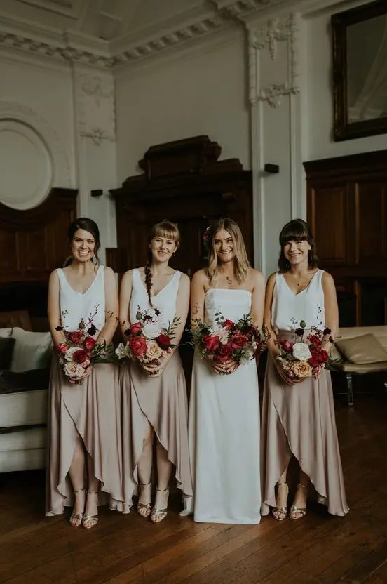 chic and playful bridesmaid looks with white plain tank tops and blush wrap high low maxi skirts plus silver shoes are amazing
