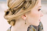 dark gold star hair vine and matching earrings for a whimsical look of a celestial bride