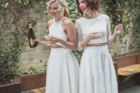 elegant bridesmaid separates in white with crop tops and full midi skirts, white shoes for a white bridal party