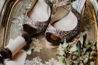 glitter strappy Jimmy Choo shoes are great for a shiny and sparkling winter bridal look