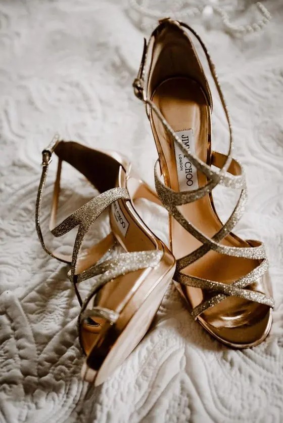 gorgeous gold glitter strappy platform wedding shoes are amazing for a shiny and glam wedding and look amazing