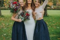 lovely bridesmaid ensembles with white lace long sleeve tops and navy high low A-line skirts are amazing for chic wedding