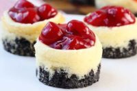 mini cheesecakes with chocolate bases and cherry compote on top are delicious and very sweet