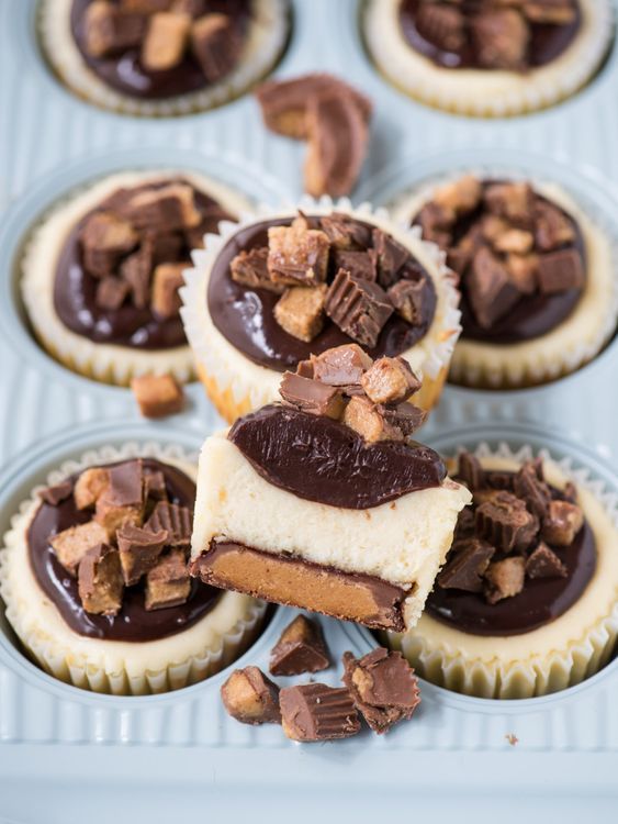 mini cheesecakes with peanut butter cup bottom and some chocolate and caramel on top