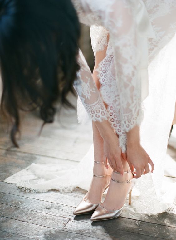 minimalist gold wedding shoes with ankle straps and comfy heels are amazing for a modern bride
