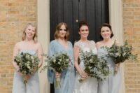 mismatching aqua-colored bridesmaid pantsuits, plain and lace ones plus silver shoes for a seaside wedding