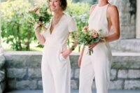 mismatching white bridesmaid jumpsuits with pockets and various shoes
