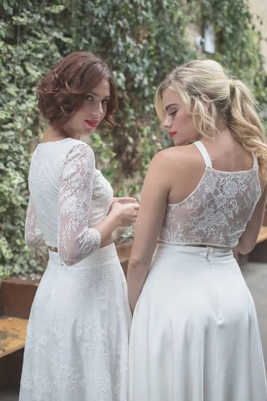 modern separates with white lace crop tops and white lace skirts will be a nice idea for a white bridal party