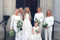 modest white jumpsuits with long sleeves and white shoes for a trendy white bridal party look