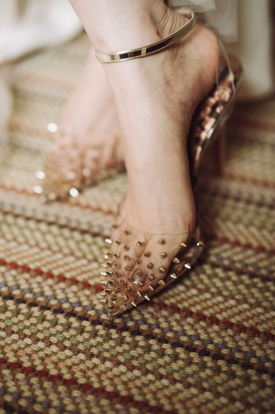 sheer gold stud shoes with ankle straps are amazing for a sparkling holiday wedding