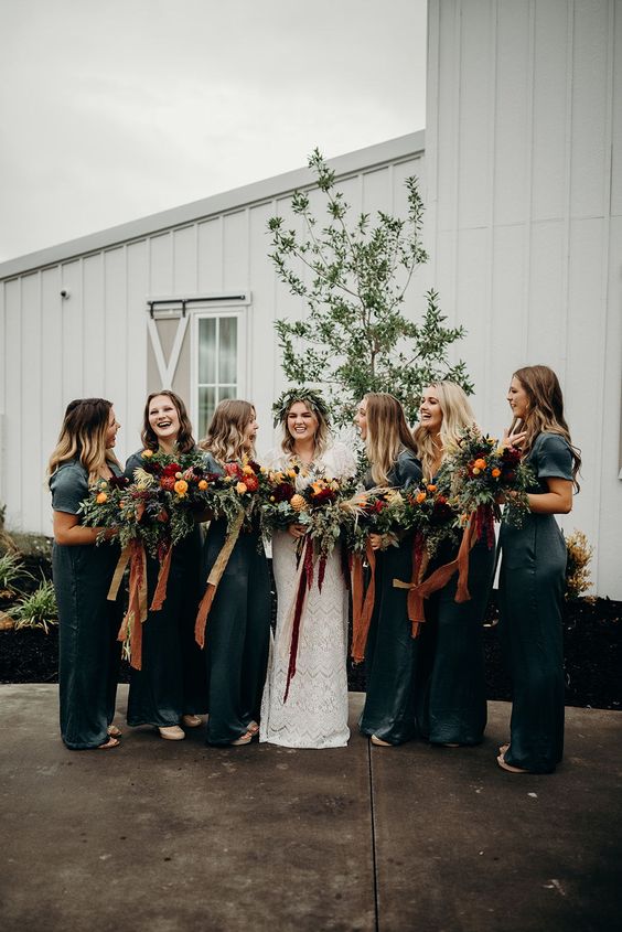slate grey bridal jumpsuits with wideleg pants and short sleeves and nude shoes for a lovely fall boho wedding