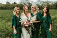 stylish green jumpsuits with cutouts and V-necklines, wide sleeves, printed shoes are amazing for boho weddings