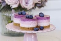 triple berry mini cheesecakes topped with bleberries are a delicious dessert idea to try