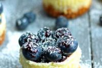 vegan mini blueberry cheesecakes with berries on top and sugar powder is a tasty dessert for every wedding