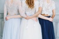 white lace crop tops and a light blue and navy maxis for bridesmaids are a very dreamy and romantic combos