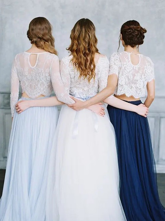 white lace crop tops and a light blue and navy maxis for bridesmaids are a very dreamy and romantic combos