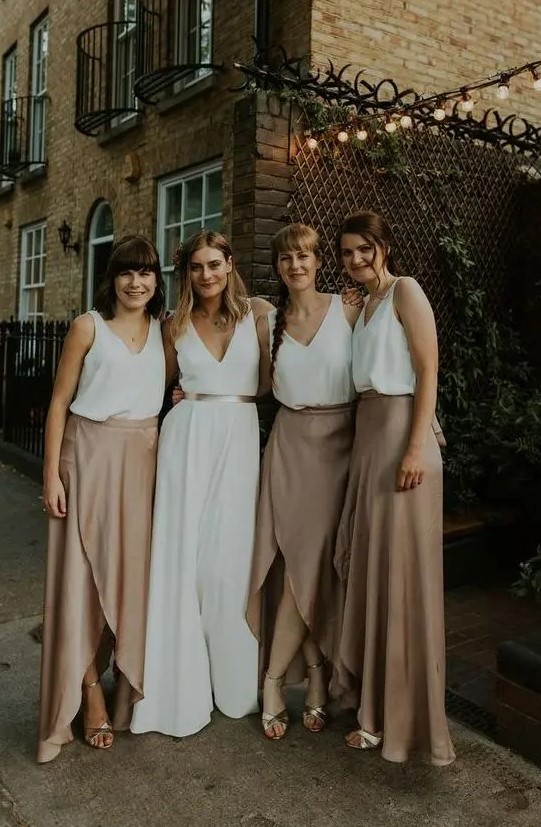 white wide strap tops and nude asymmetrical maxi skirts plus metallic shoes for a casual wedding in sprng or summer