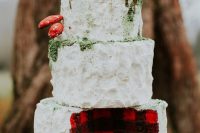 a rustic wedding cake with plaid inside and textural buttercream on top plus edible moss and mushrooms on top