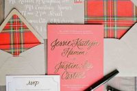 a tan and red plaid wedding invitation suite is a bold and chic idea for a winter or Christmas wedding