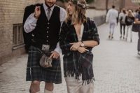 a tartan cover and a matching kilt is a stylish and bold idea for a Scottish wedding