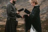 a tartan kilt and a matching fringe coverup for a truly Scottish elopement is a stylish way to give a nod to the heritage